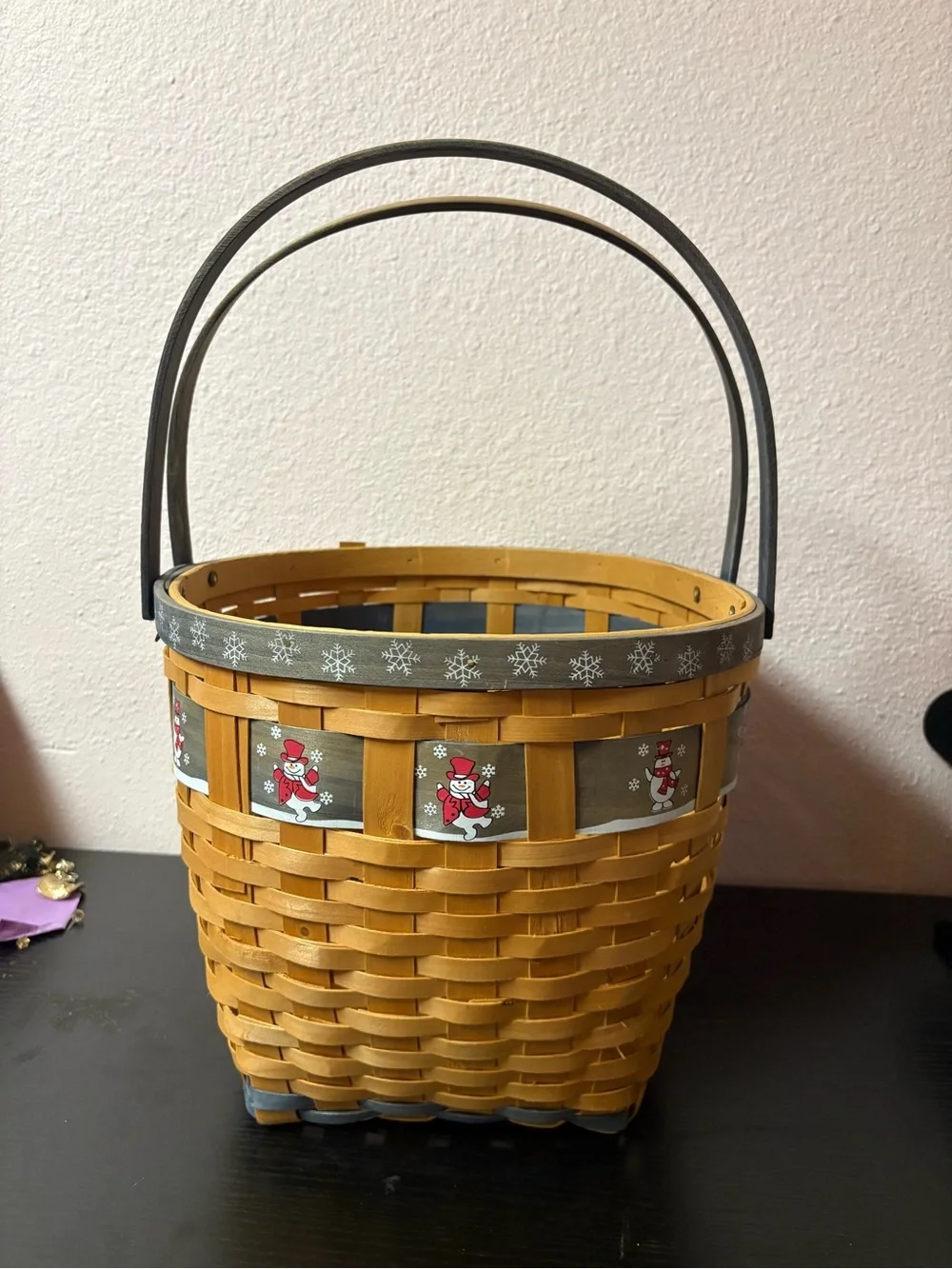 Rustic Snowman Christmas Woven Basket Double Handle Holiday Decor